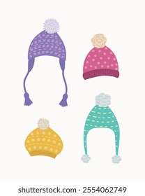 A collection of winter or autumn hats in a flat style. Knitted hats for girls and boys in cold weather on a white background. The icon of the web page design element. Vector illustration