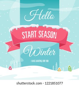 Collection of winter background with big pink ribbon in flat style. Winter template. Winter sale. Ribbon with snow cap.