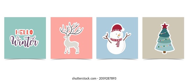 Colección de fondo invernal con reno,muñeco de nieve.Ilustración vectorial editable para invitación de navidad, carteles y banner del sitio web