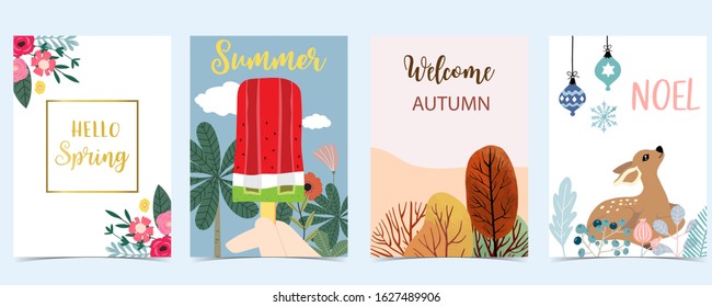 Collection of winter background set for spring,summer,autumn and winter.Editable vector illustration for birthday invitation,postcard and website banner