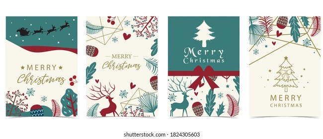 Collection of winter background set with tree,raindeer,flower,leaves.Editable vector illustration for christmas invitation,postcard and website banner