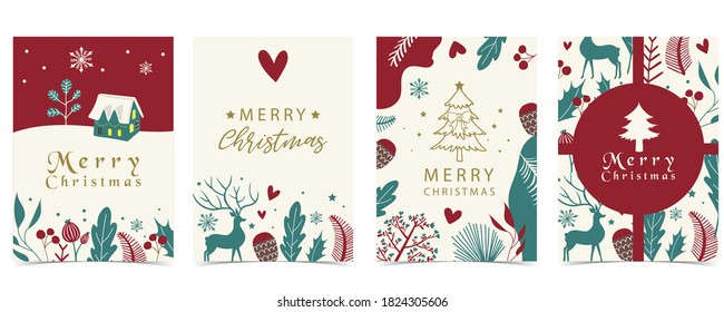 Collection of winter background set with tree,raindeer,flower,leaves.Editable vector illustration for christmas invitation,postcard and website banner