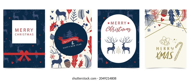 Collection of winter background set with tree,raindeer,flower,leaves.Editable vector illustration for christmas invitation,postcard and website banner