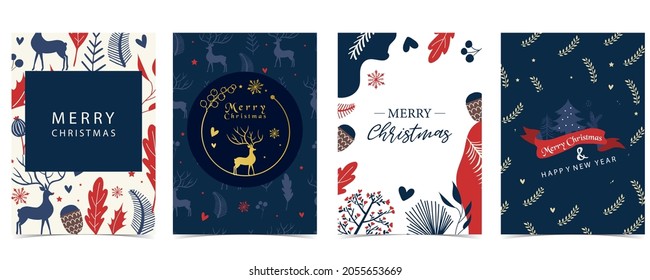 Collection of winter background set with tree,raindeer,flower,leaves.Editable vector illustration for christmas invitation,postcard and website banner