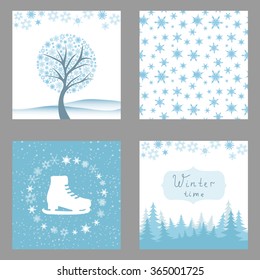 Collection of winter backgrounds with skates, snowflakes, trees. Set of vector illustrations.
