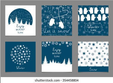 Collection of winter backgrounds with snowflakes, gloves, fir trees. Set of vector illustrations.