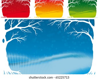 Colección de fondo invernal con silueta de árbol blanco. Verde, rojo, amarillo, azul.