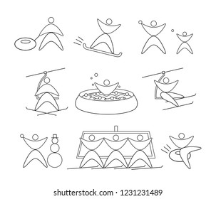 Collection of winter black and white linear navigation signs icons representing skiing and other winter outdoor activities, snow tubing, snowball, snowboarding, snowman making,. Design for ski resort