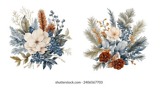 Collection of Winter botanical compositions in watercolour style. Florist art