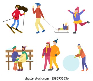 Collection of winter characters, isolated set of man and woman leading active lifestyle. Skiing female and child. Couple sitting on wooden bench. Personage with snowball, sculpting snowman vector