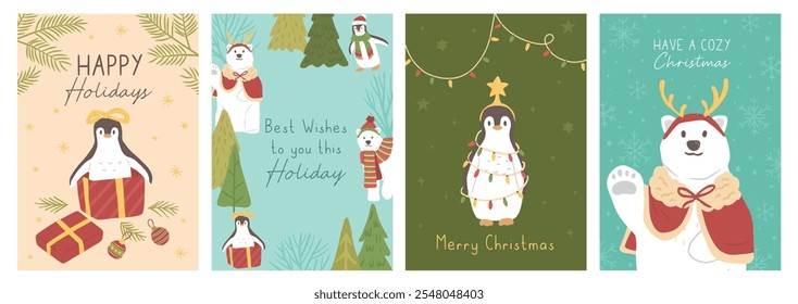 Collection of Winter Christmas artic animals, polar bear and penguin vector illustration poster