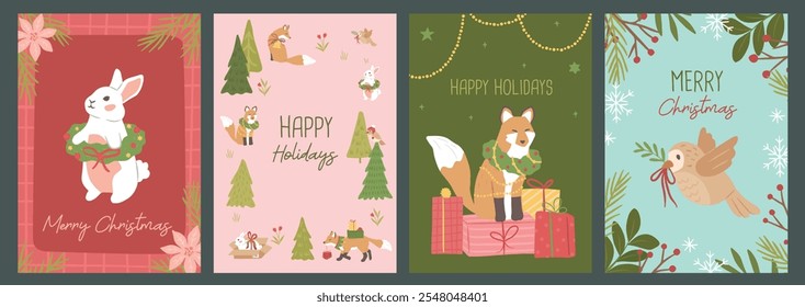 Colección de Navidades de invierno conejito, zorro y pájaro animal cartel de Ilustración vectorial