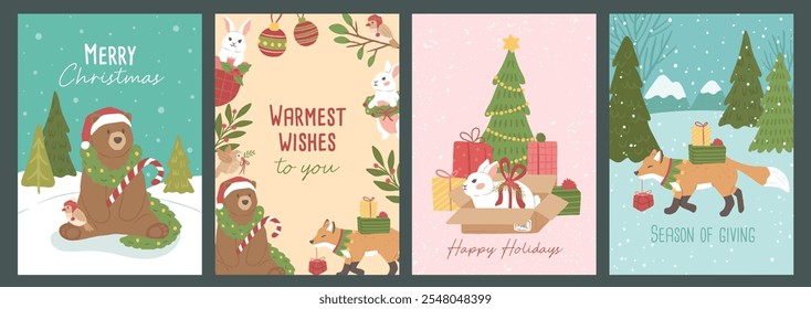 Collection of Winter Christmas forest animals grizzly bear, bunny, fox and bird vector illustration poster