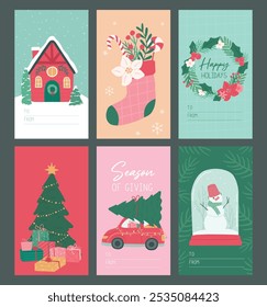 Collection of Winter Christmas gift tags, label and card of house, socks, wreath, Christmas tree and snow man