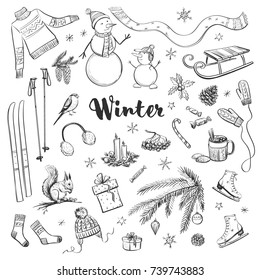 Collection of winter and christmas hand drawings on a white background. 