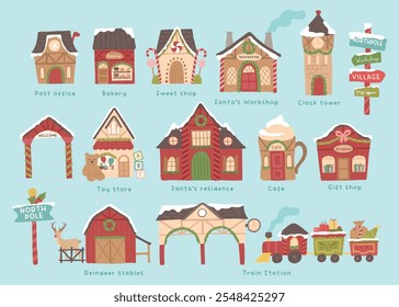 Collection of Winter Christmas North pole village vector illustration 