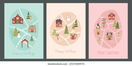 Collection of Winter Christmas north pole Santa village map vector illustration layout