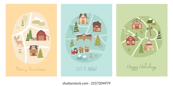 Collection of Winter Christmas north pole of reindeer, train and stores map vector illustration layout