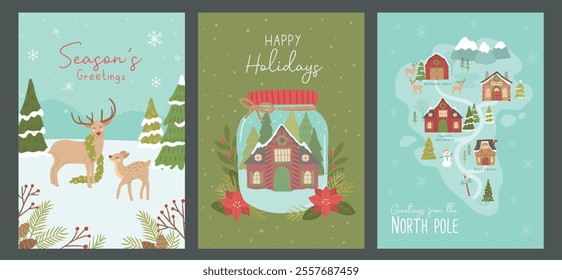 Collection of Winter Christmas north pole map, reindeer and snow globe vector illustration layout poster