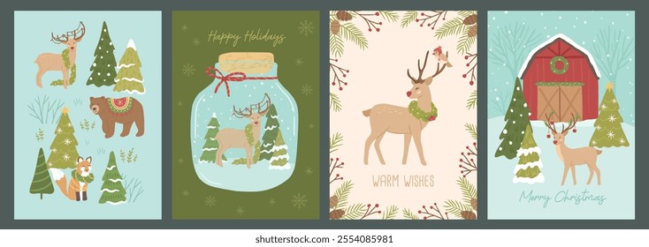 Collection of Winter Christmas reindeer vector illustration posters