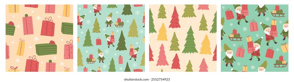 Colección de Navidades de invierno sin patrón de elfo, árbol y regalos Ilustración vectorial