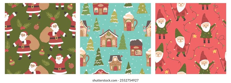 Colección de Navidades de invierno sin patrón de Santa, aldea y Ilustración vectorial de elfos