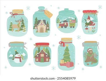 Collection of Winter Christmas snow globe or jar vector illustration