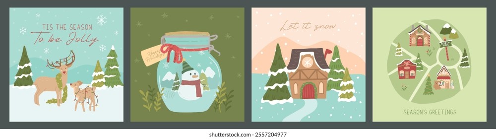 Collection of Winter Christmas of snowman, jar, map and reindeer vector illustration template layout