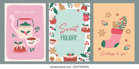 Coleção de doces de Natal de inverno, chá e comida retrato layout vetor ilustração