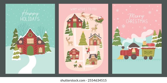 Collection of Winter Christmas vector layout illustration of Santa village map 