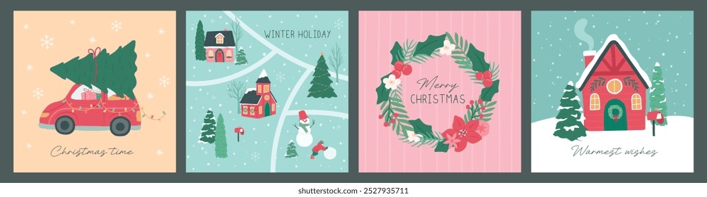 Coleção de guirlanda de Natal de inverno e casa cartaz quadrado layout vetor ilustração