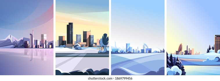 Collection of winter cityscapes. Urban scenes in vertical orientation.
