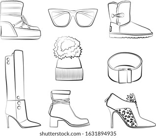 Collection of winter clothes and accessories isolated on white background. Vector hats and scarf, shoes, sunglasses, bags, clutch, fur coat and jackets, boots. seasonal clothing - autumn, spring