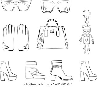 Collection of winter clothes and accessories isolated on white background. Vector hats and scarf, shoes, sunglasses, bags, clutch, fur coat and jackets, boots. seasonal clothing - autumn, spring