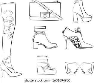 Collection of winter clothes and accessories isolated on white background. Vector hats and scarf, shoes, sunglasses, bags, clutch, fur coat and jackets, boots. seasonal clothing - autumn, spring