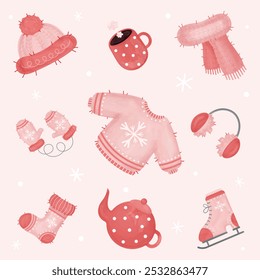 Collection of winter clothes and accessories  in pink colors on light pink background. Watercolour set. Vector illustration.