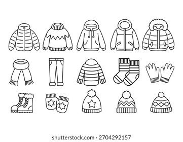 Collection of winter clothes in doodle style vector illustration isolated on white background representing a cozy and fashionable winter wardrobe