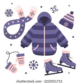 Collection Of Winter Clothes For Ice Skating In Purple Colors Vector Illustration In Flat Style