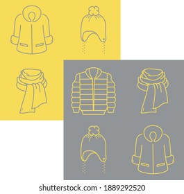 Collection of winter clothes icons isolated on a contrasting background. Yellow and gray fur coat, hat, scarf, jacket  vector outline icons set 