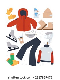 Collection of winter clothes for outdoor games. Warm down jacket, hot coffee and skates. Flat vector illustration