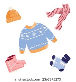 Collection of winter clothes and outerwear. Set warm winter clothing