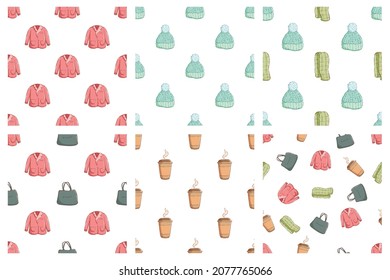 collection of winter clothes seamless pattern with colorful hand drawing style