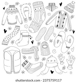 Collection of winter clothes. Set of winter accessories. Hand drawn winter hats, scarfs, mittens and socks. Knitted wool clothes. Vector illustration in doodle style