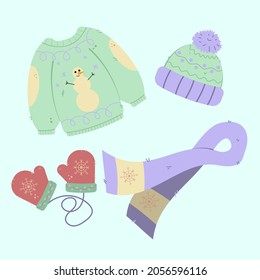 Collection of winter clothes. Set of scarf, hat, mittens, hat