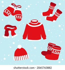 
Collection of winter clothes
Set of scarf, hats, mittens, sweaters
Warm accessories for the winter. Vector illustration of clothes isolated on a blue background. Flat minimalism in trendy color