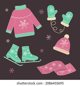 Collection of winter clothes. A set of scarf, hat, mittens, sweater and ice skates.