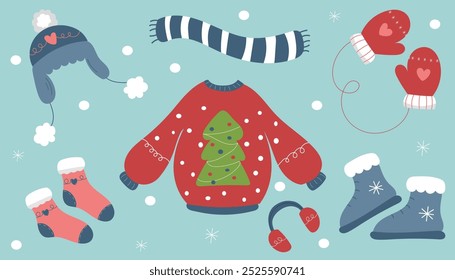 Collection of winter clothes Set of scarf, hats, mittens, хmas sweaters with Xmas  tree Warm accessories for the winter. Vector illustration of clothes isolated on a blue background. Flat minimalism