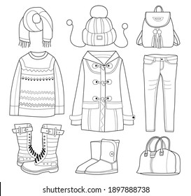 Collection Of Winter Clothes, Vector Illustration, Coloring Book