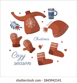 Recolección de ropa de invierno. Suéter de lana, medias, sombrero, taza de cacao, mitones, zapatos, decoración navideña. Elementos de invierno. postal de Navidad. Ilustración vectorial aislada