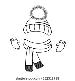 Collection of winter clothing. Hat, scarf and mittens. Coloring book